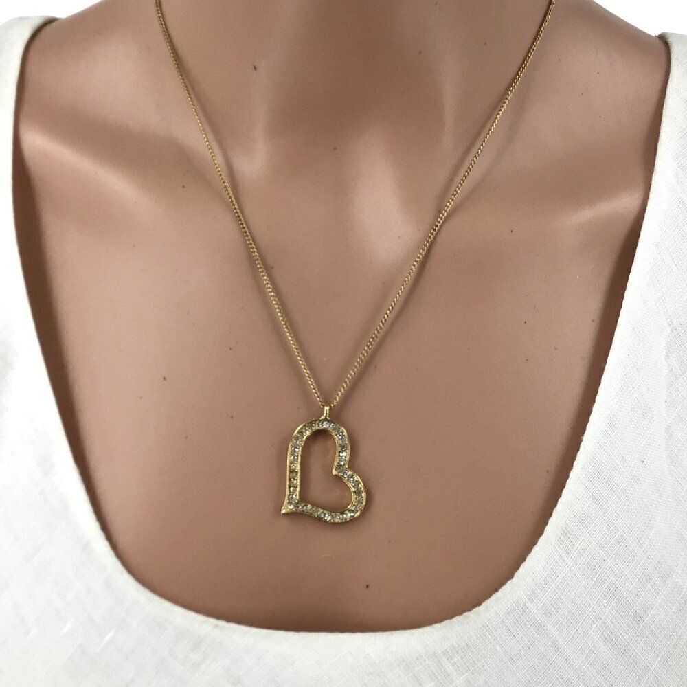 Heart Pendant Necklace Gold Tone Rhinestone Inlay Adjustable Length - Picture 2 of 4